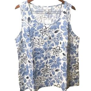 Charter Club 100% Linen Printed Scoop Neck Blue Black Floral Print Top XL NWT